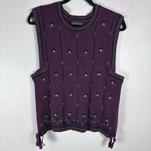 Herman Geist Medium Purple Hand Embroibered Linen Blend Sleeveless Knit Sweater
